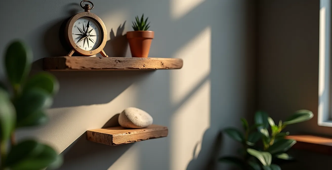 Minimalist wall display featuring three meaningful objects arranged in storytelling composition