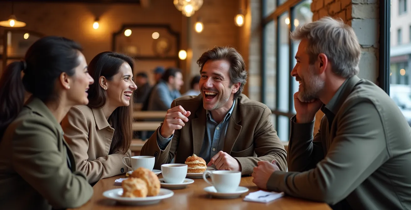 Adults engaging in casual conversation at a neighborhood coffee shop