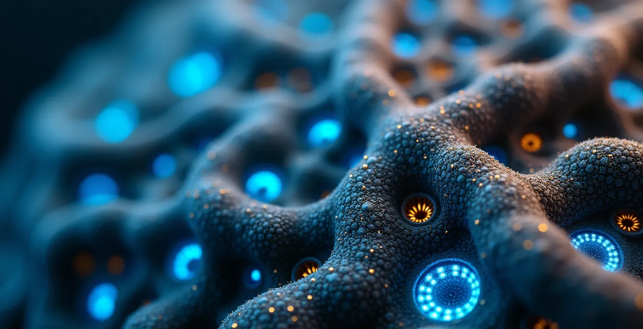 Extreme macro photograph of neural pathways gradually dimming while artificial circuits brighten