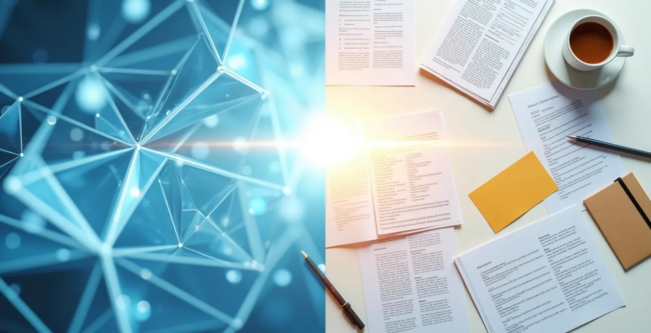 Split-screen showing AI-generated text transforming through human editorial refinement