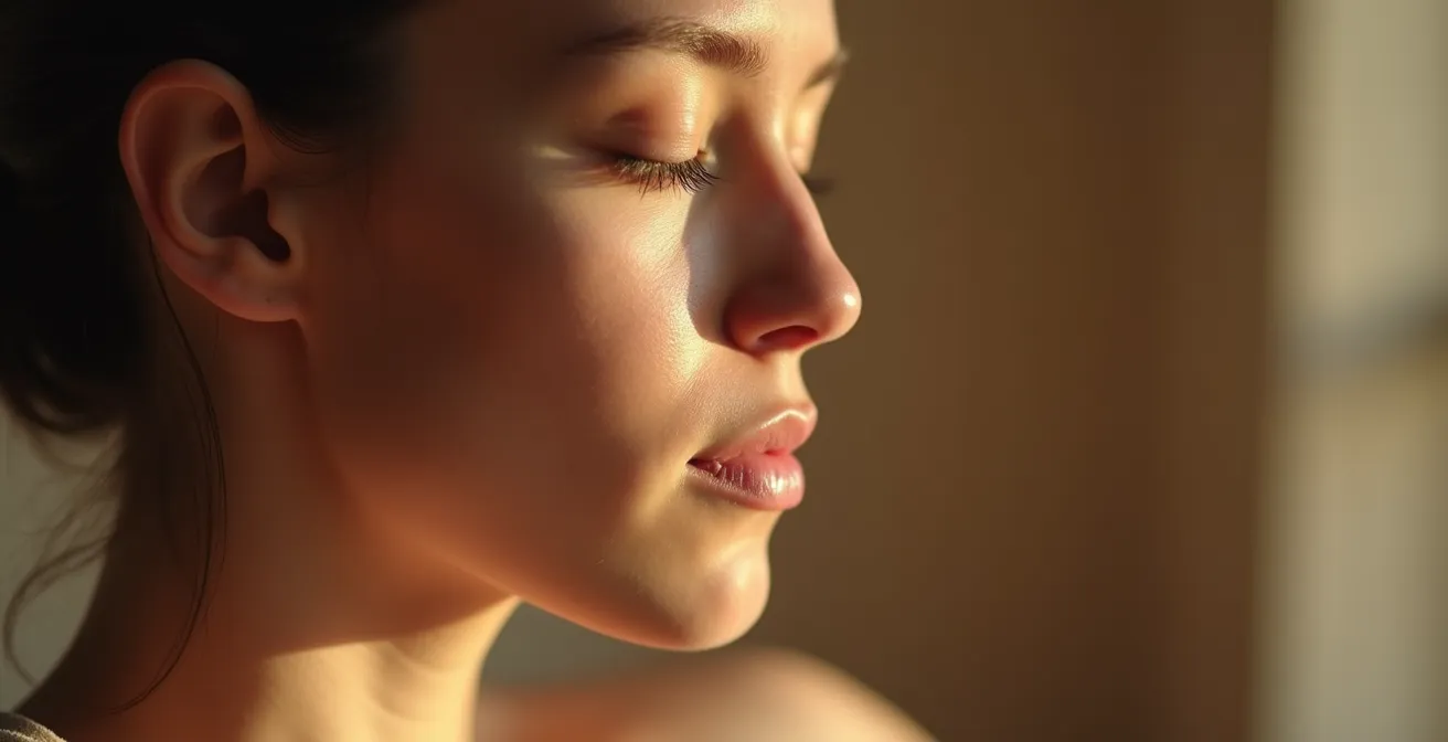 Close-up of person's face showing subtle tension release in jaw and eye area during body scan