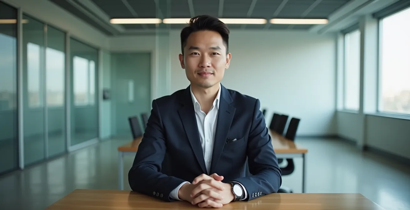 Professional in office subtly practicing box breathing with fingers counting on leg