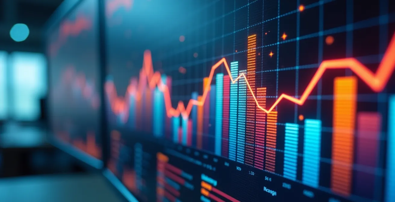 Macro shot of computer screen displaying colorful data visualization charts