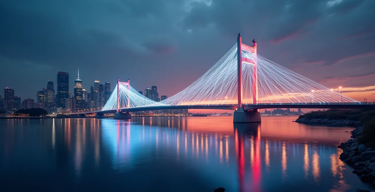 An abstract architectural bridge made of light trails connecting two different city skylines, symbolizing a career transition.