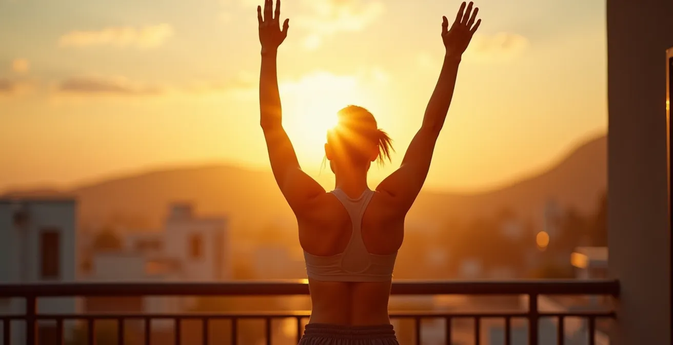 Person experiencing morning sunlight outdoors with energized posture