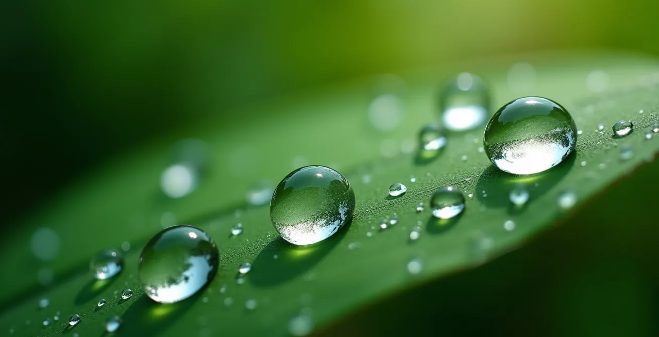 Macro shot of water droplets accumulating on a leaf, visually representing compound growth.