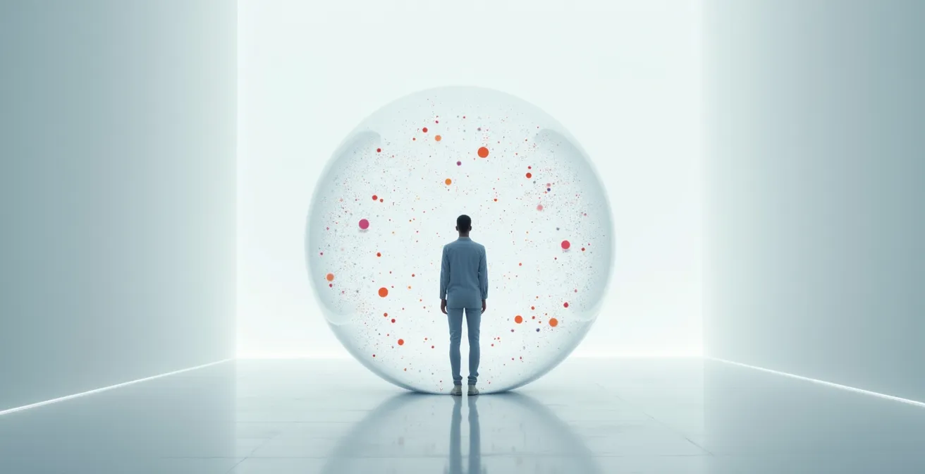 Wide environmental shot of person in transparent sphere surrounded by floating information particles