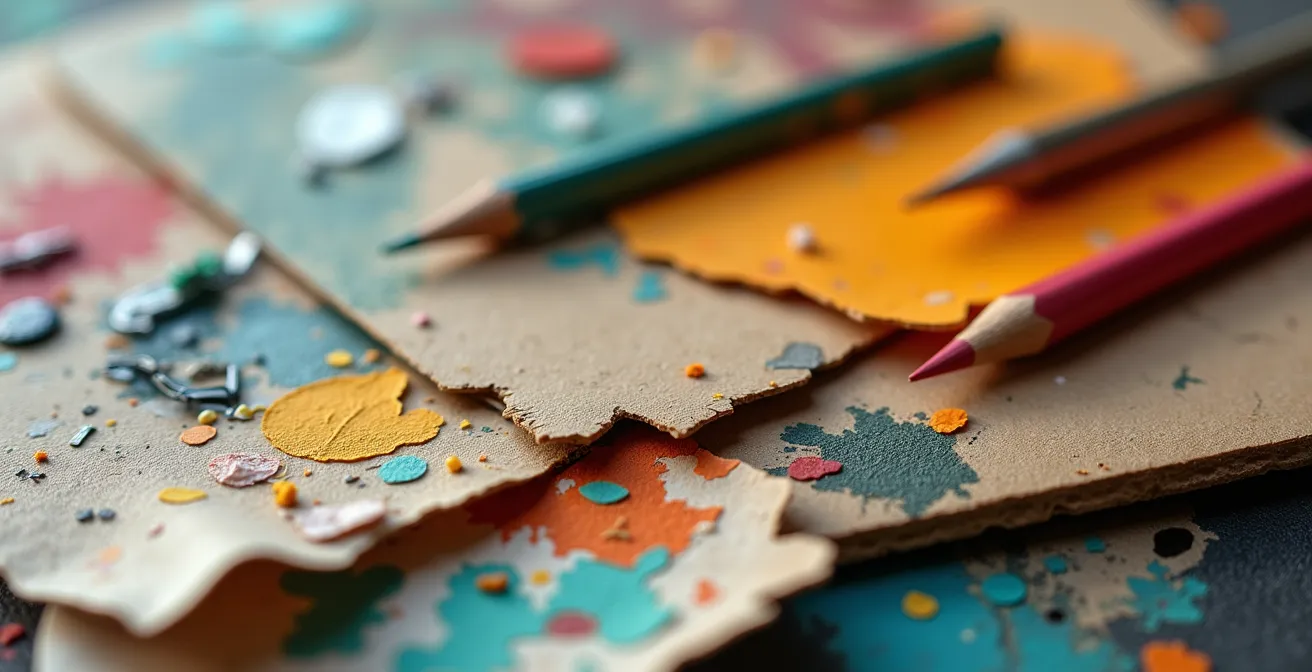 Macro shot of creative workspace showing textured surfaces and work-in-progress materials