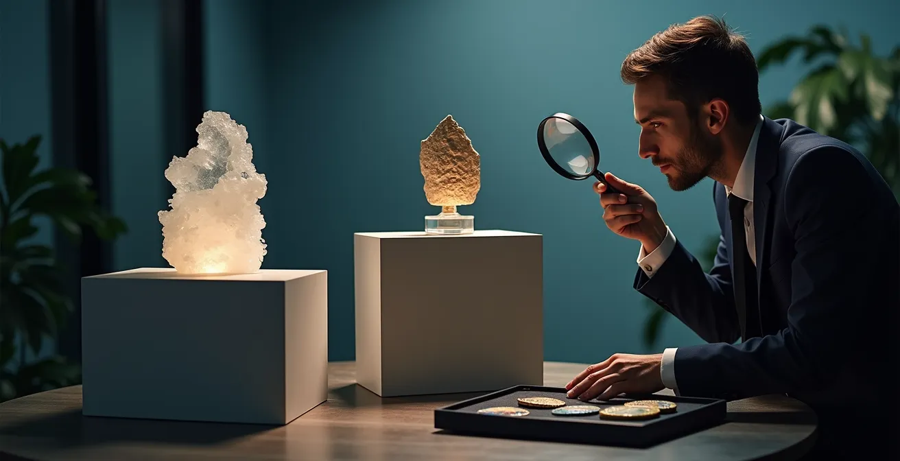 A professional thoughtfully comparing different types of credentials, represented by symbolic objects on pedestals.