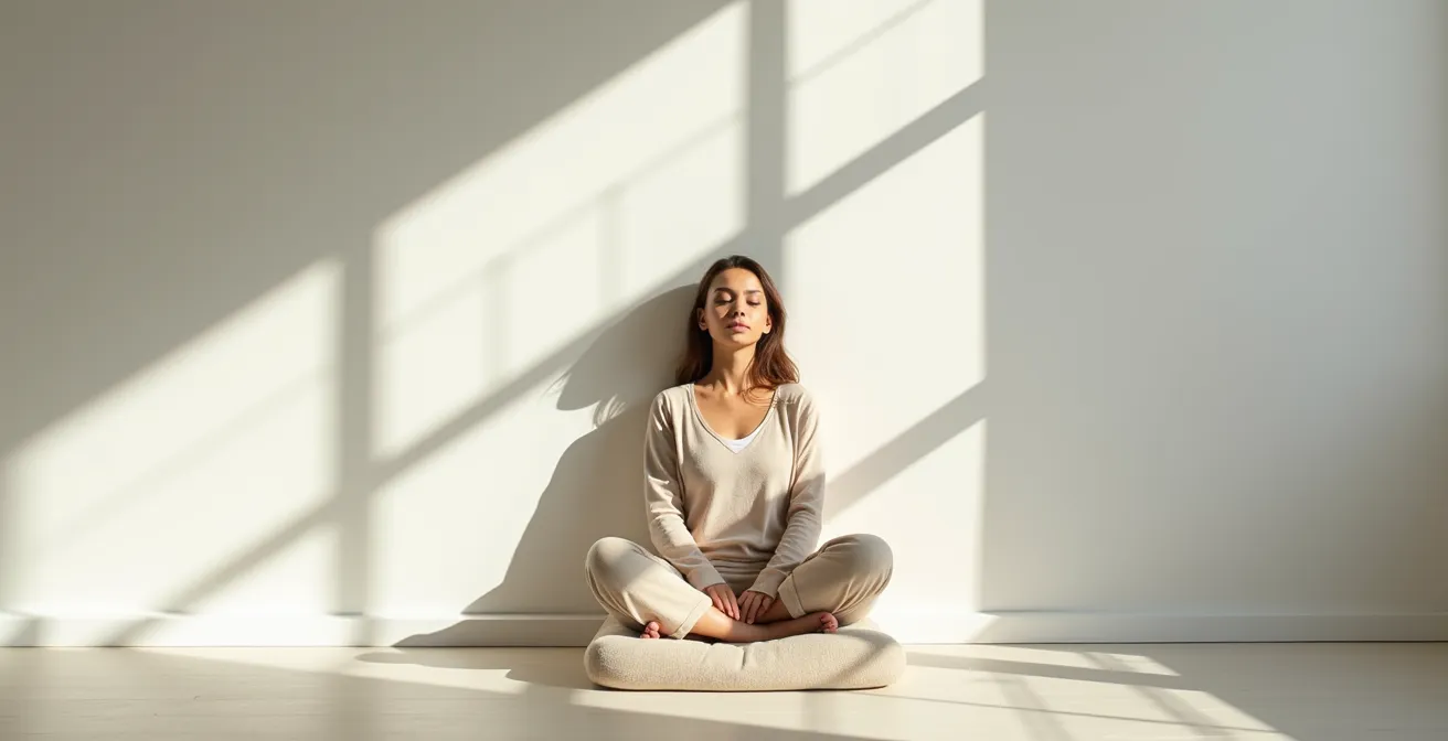 Person sitting in meditation pose with abstract light and shadow patterns representing emotional balance