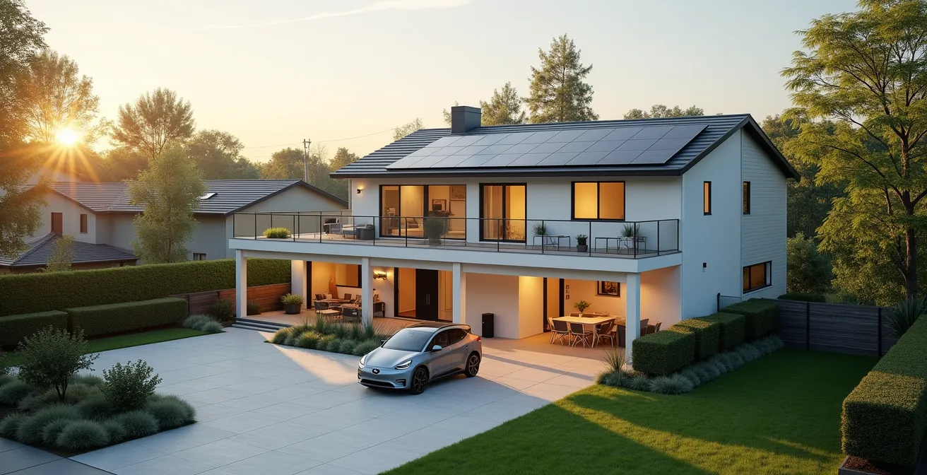 Wide aerial view of modern sustainable home with integrated renewable technologies