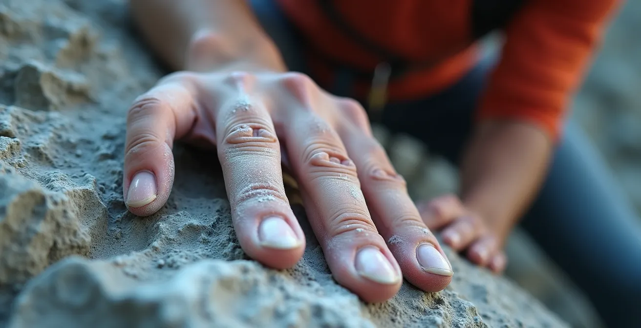 Close-up of rock climber's focused eyes and chalk-covered hands gripping rock face