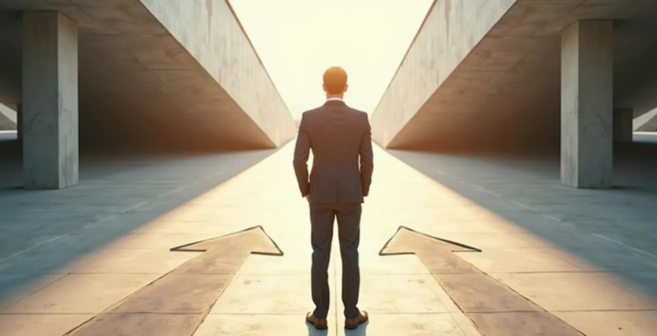 Business professional standing at metaphorical crossroads with multiple paths ahead