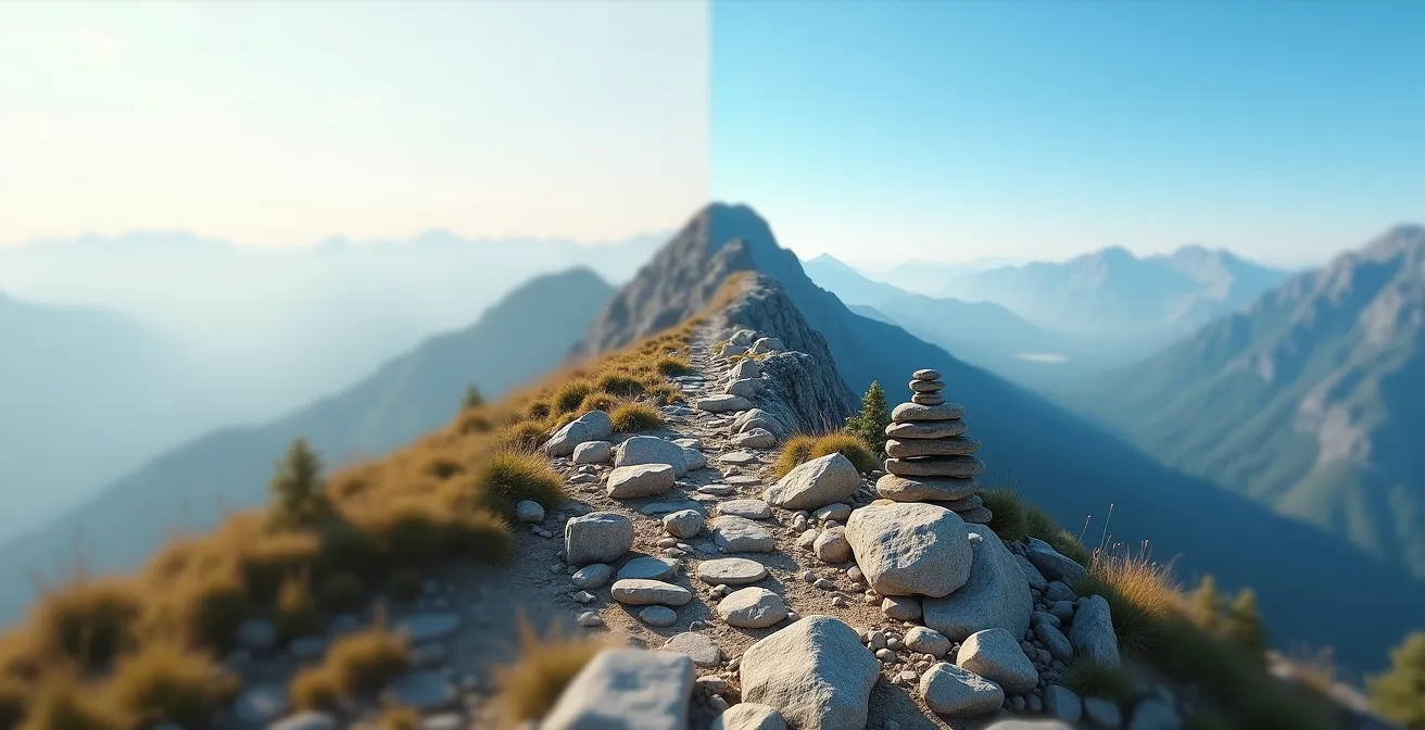 Split composition showing an abstract, foggy landscape versus a clear mountain peak with a defined path.