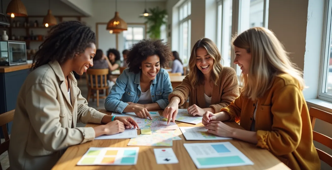 Diverse group of friends planning travel together around a table with maps