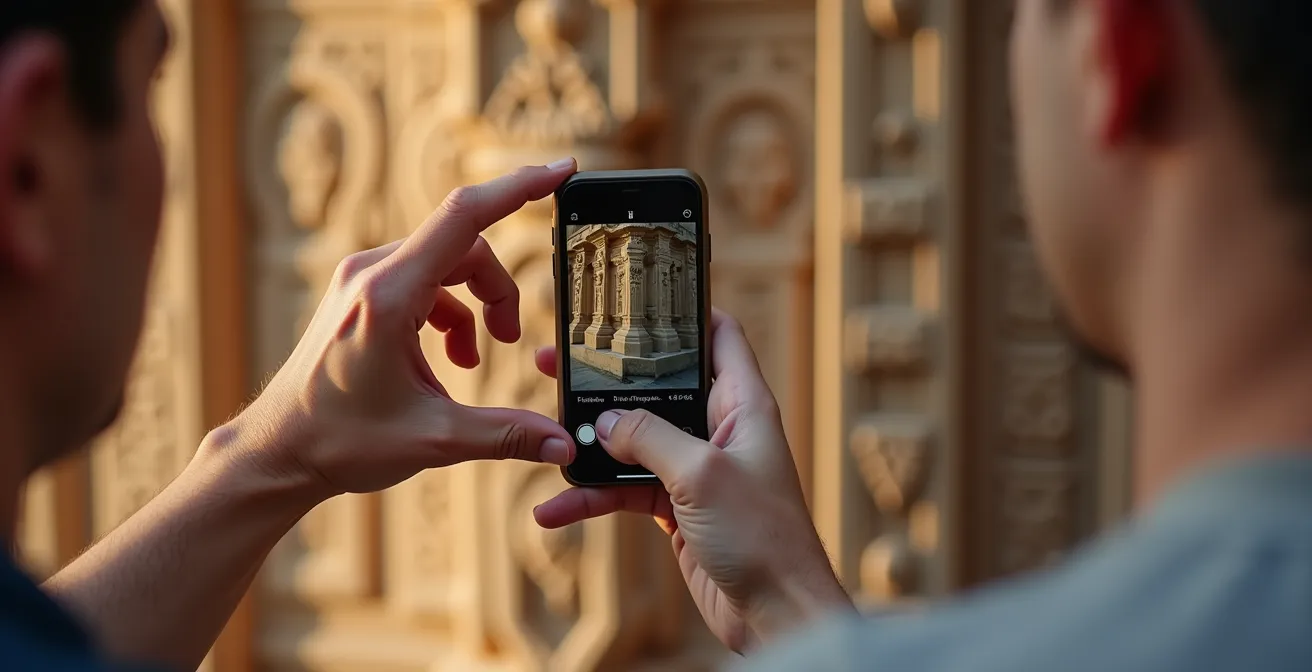 Visitor using a smartphone for photogrammetry documentation at an ancient archaeological site, capturing architectural details for digital preservation.