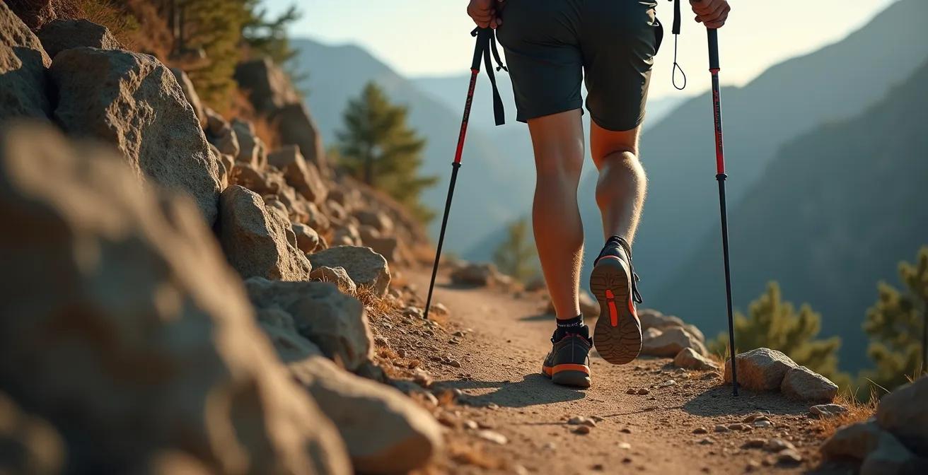 Hiker demonstrating proper downhill hiking technique on rocky terrain
