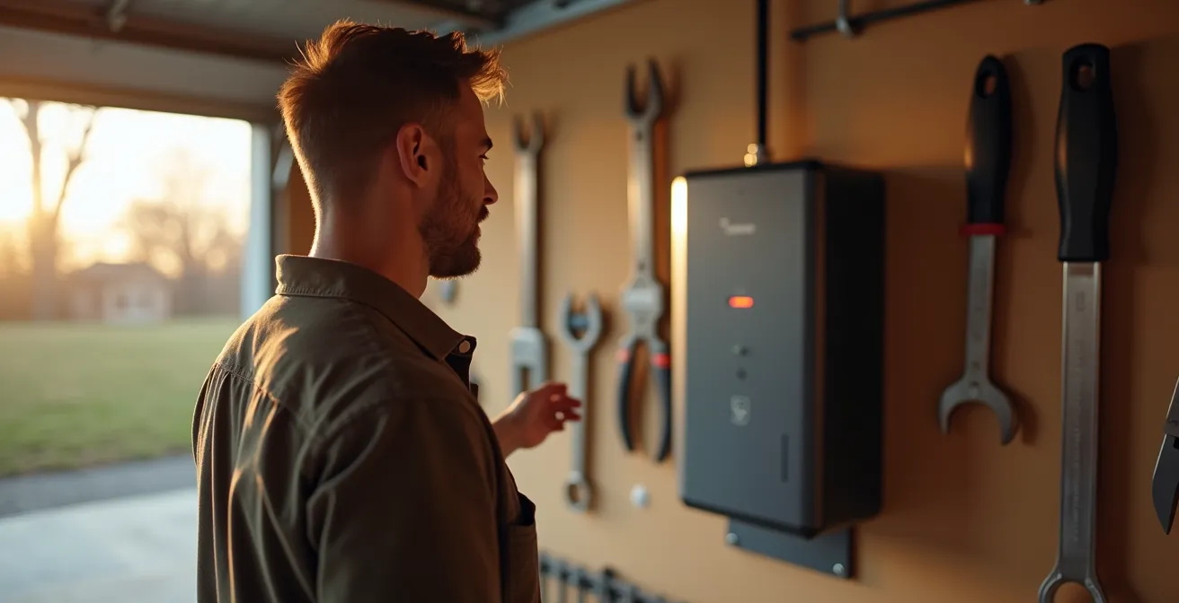 Modern home battery storage system mounted in a garage
