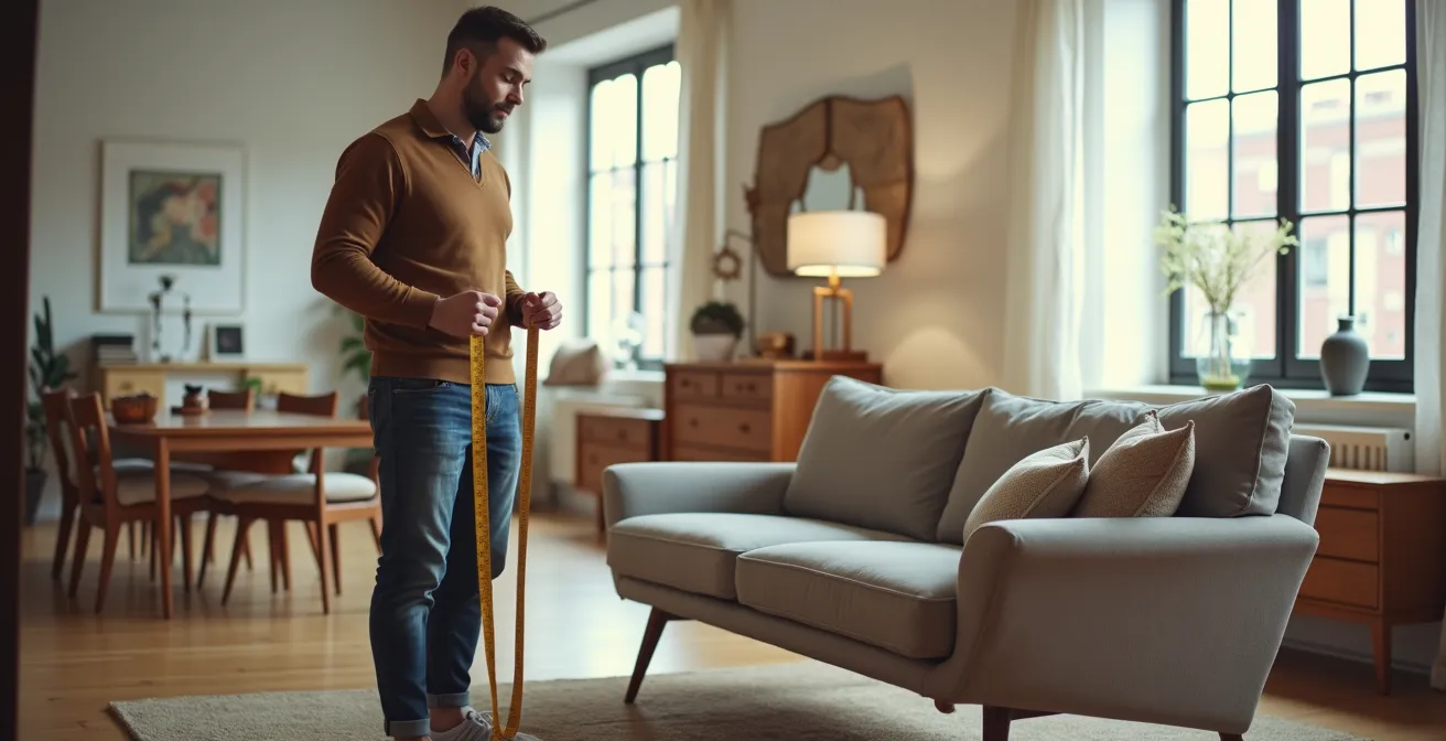 Person thoughtfully examining furniture in bright showroom with measuring tape