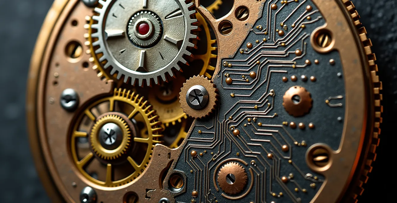 Macro photograph of vintage pocket watch mechanism merging with circuit board patterns