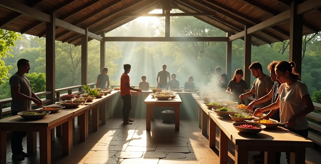 Diverse group participating in cooking class with a local chef in a traditional kitchen