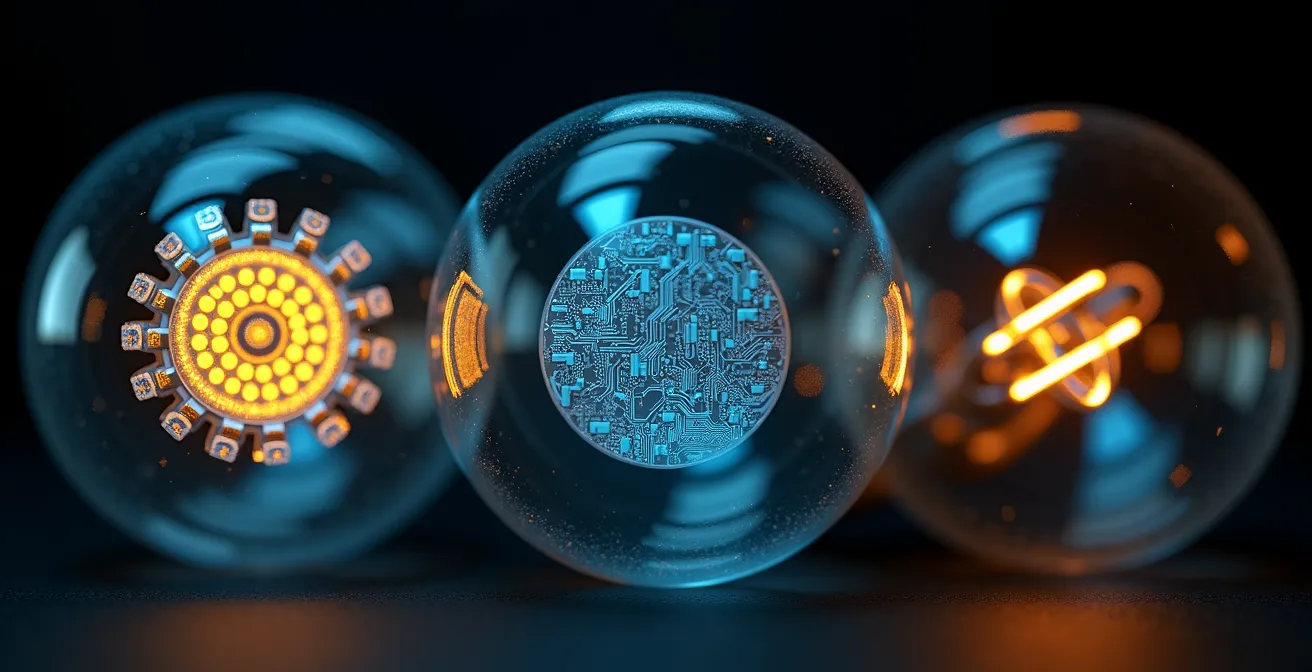 Macro photograph showing the intricate details and textures of three different lighting technologies arranged in artistic composition