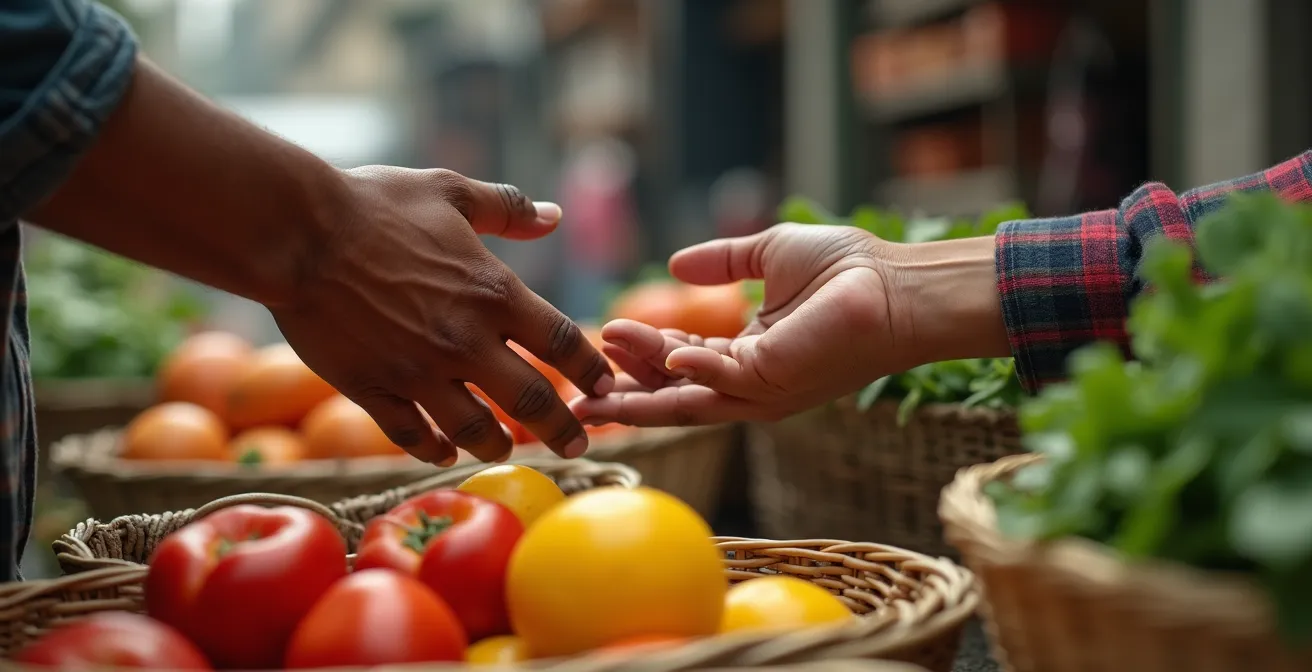 Early morning neighborhood market scene with vendors setting up and locals shopping