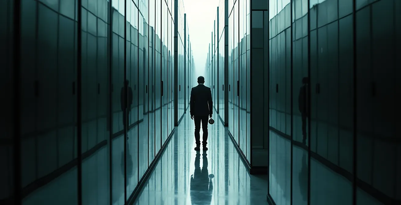 Person navigating through a complex maze made of mirror surfaces representing logical fallacies