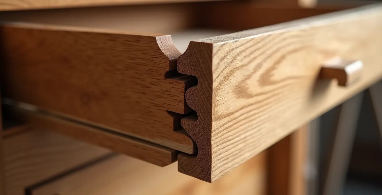 Extreme close-up of dovetail joint in oak wood drawer showing craftsmanship detail