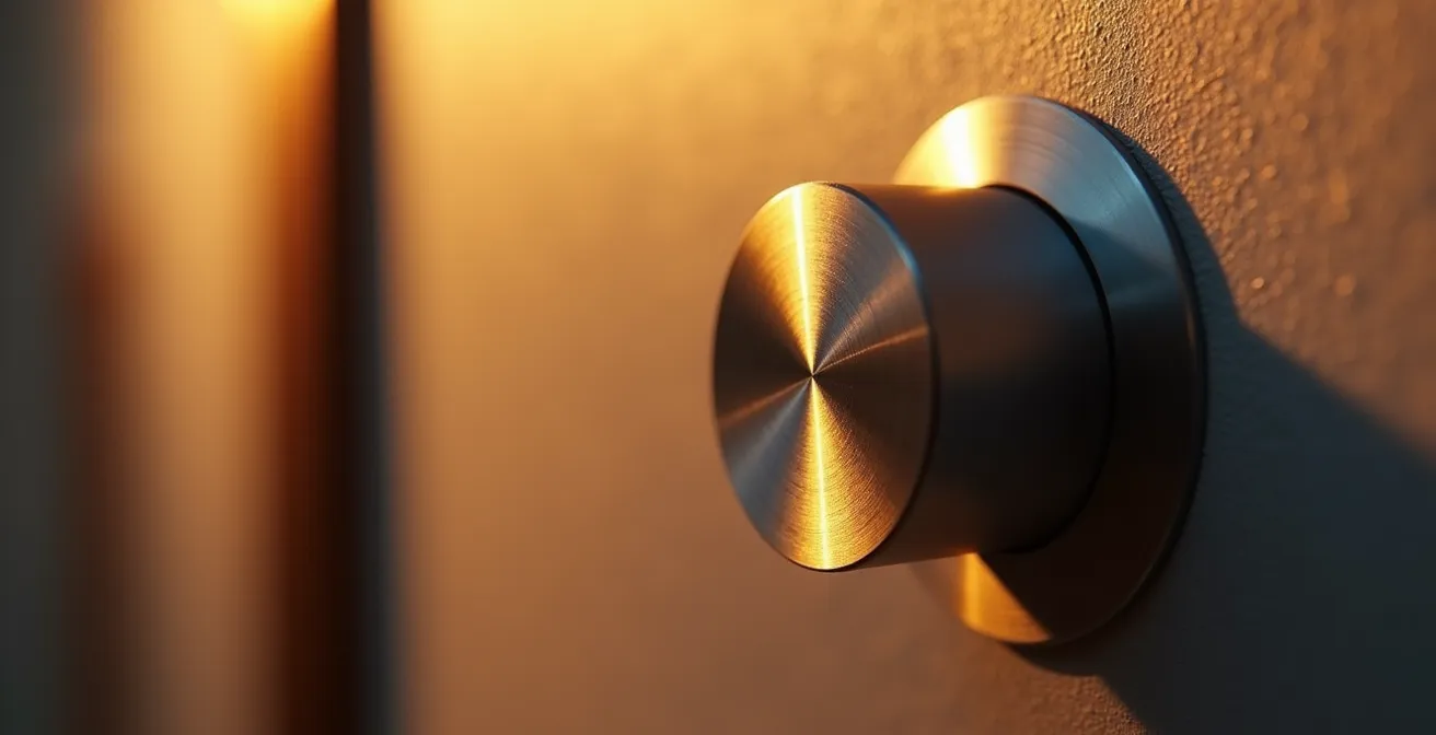 Close-up of modern dimmer switch with warm light reflecting on textured wall surface
