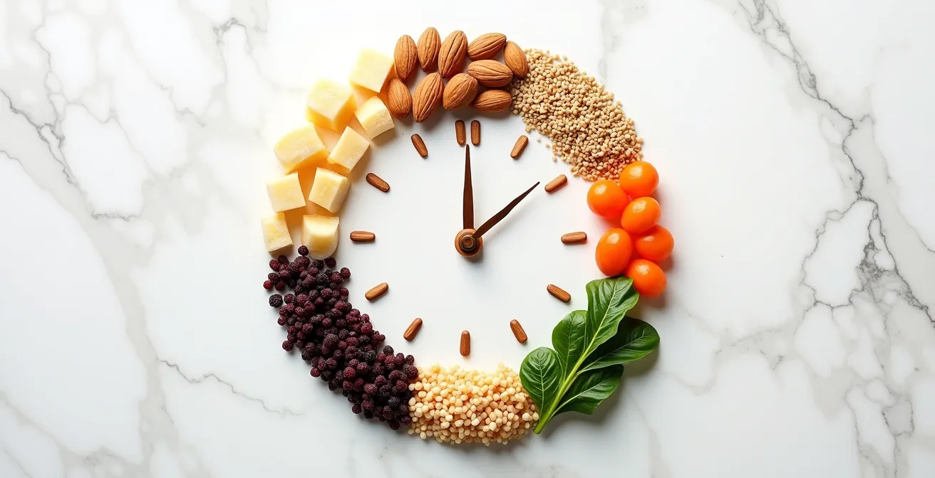 A circular clock diagram showing optimal timing for different macronutrients, with carbs around workout times and protein/fat during focus periods.