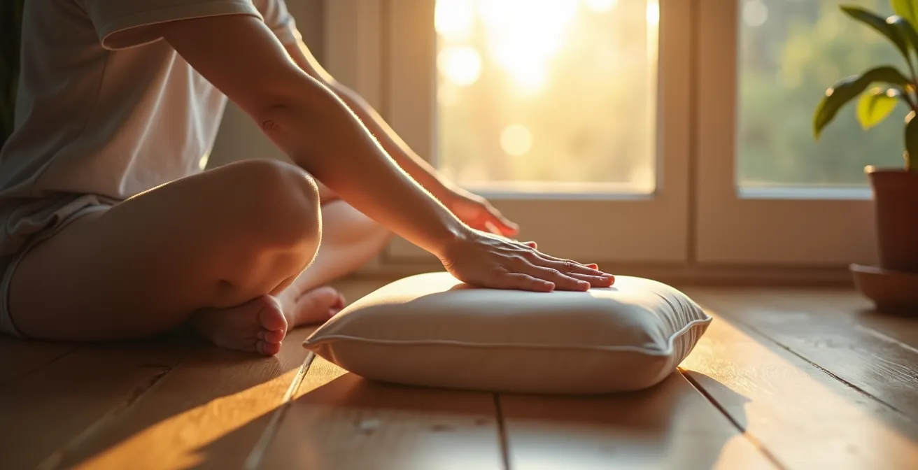 Minimalist meditation corner with cushion and morning sunlight