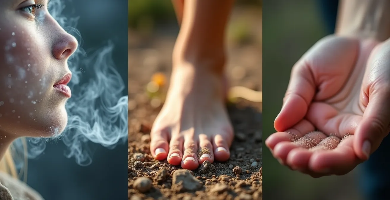 Extreme close-up of meditation elements showing breath vapor, walking foot, and relaxed hand