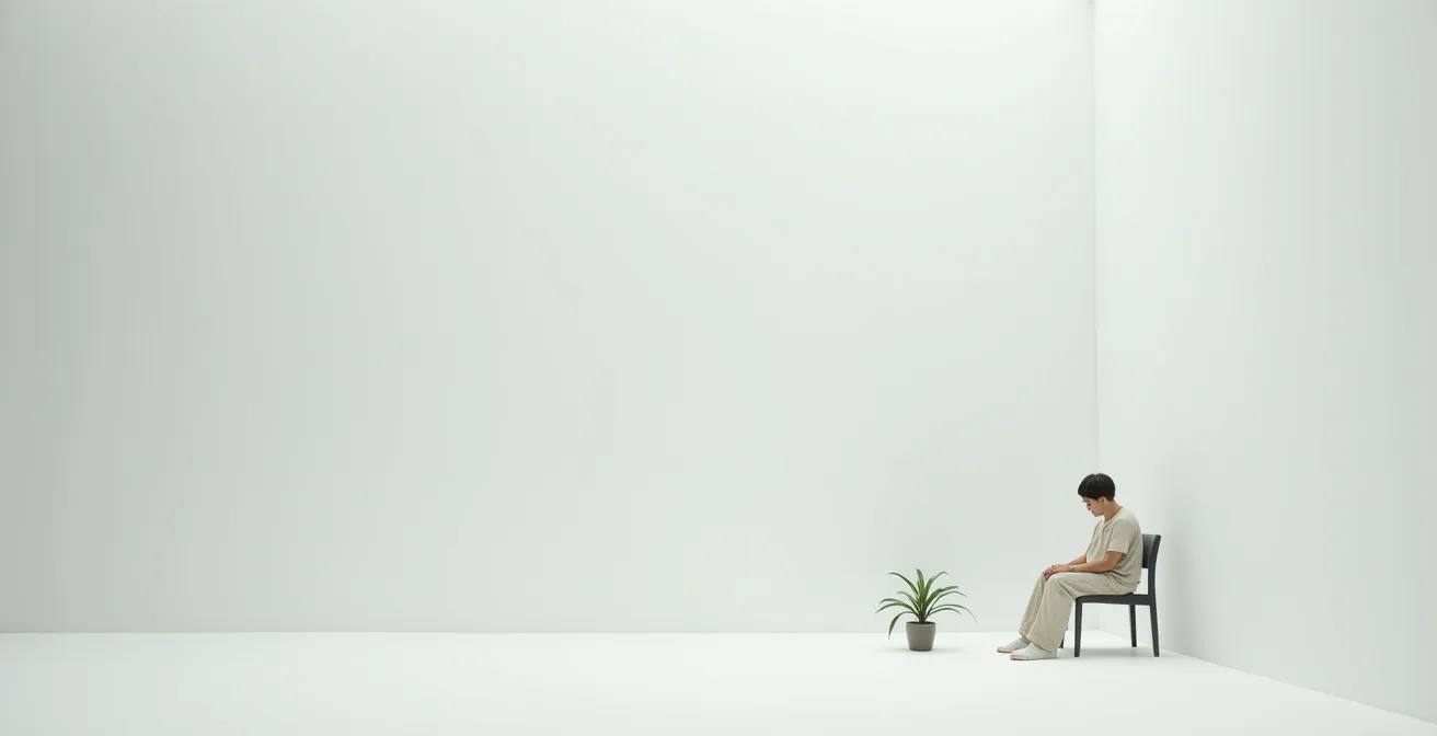 Person sitting alone in a minimalist room with wide empty space suggesting isolation