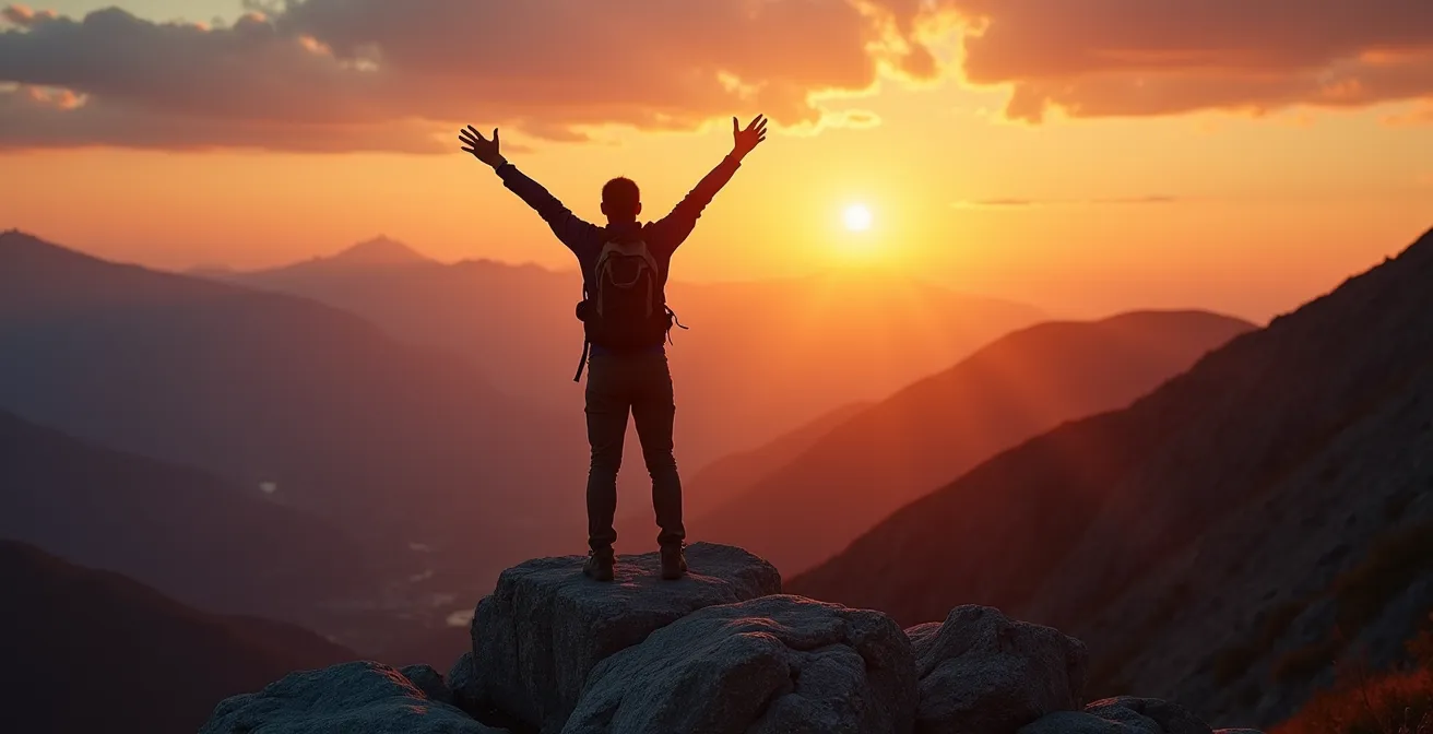A hiker with arms raised in celebration upon reaching a mountain summit at sunset.