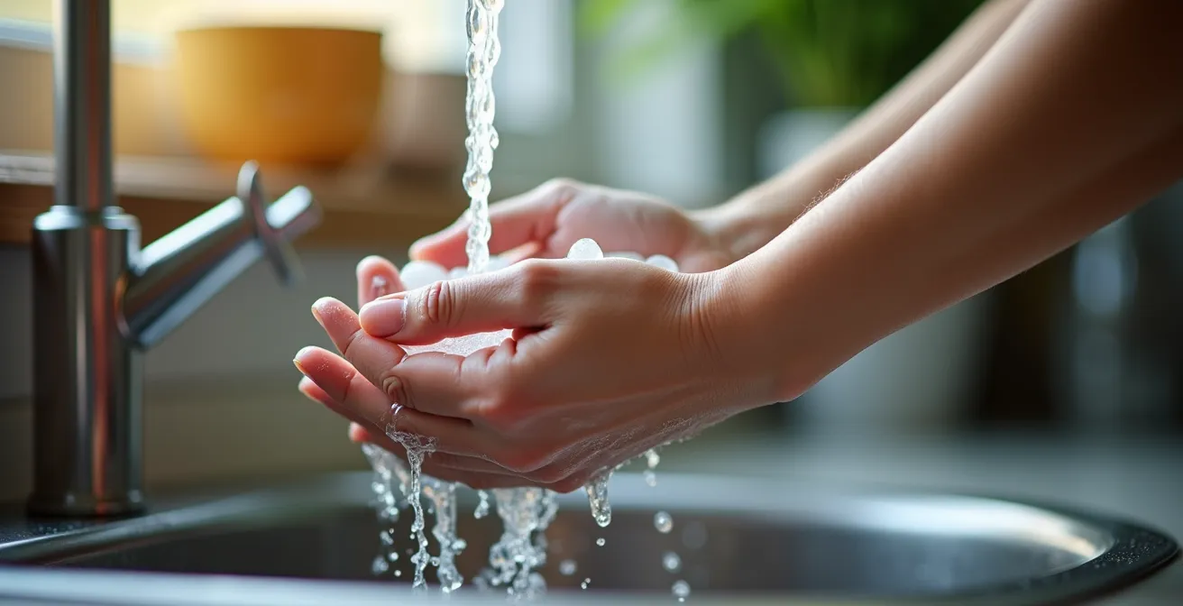 Hands washing dishes mindfully with focus on water sensation