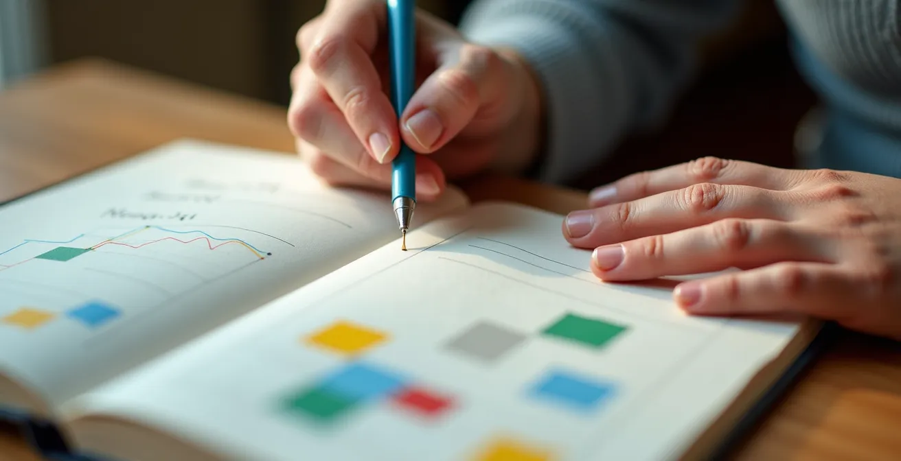 Close-up of hands writing in a mood journal with colored markers showing emotional patterns
