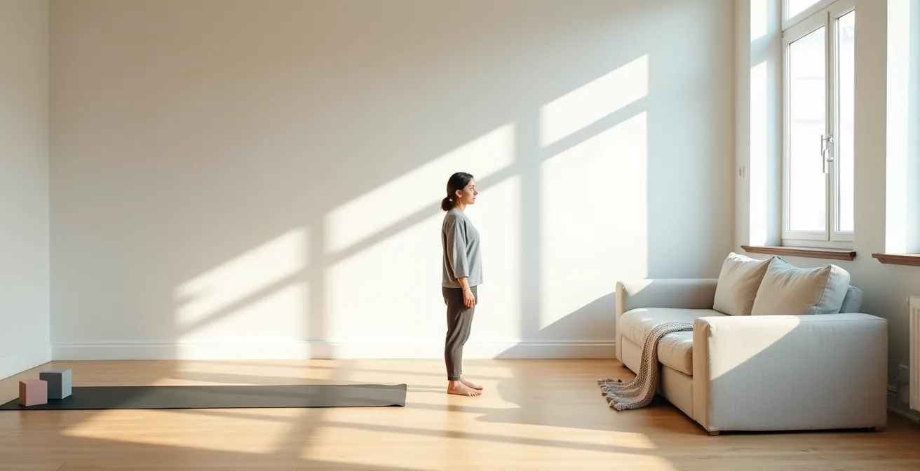 Wide environmental shot of person choosing between active gentle yoga and passive rest on couch