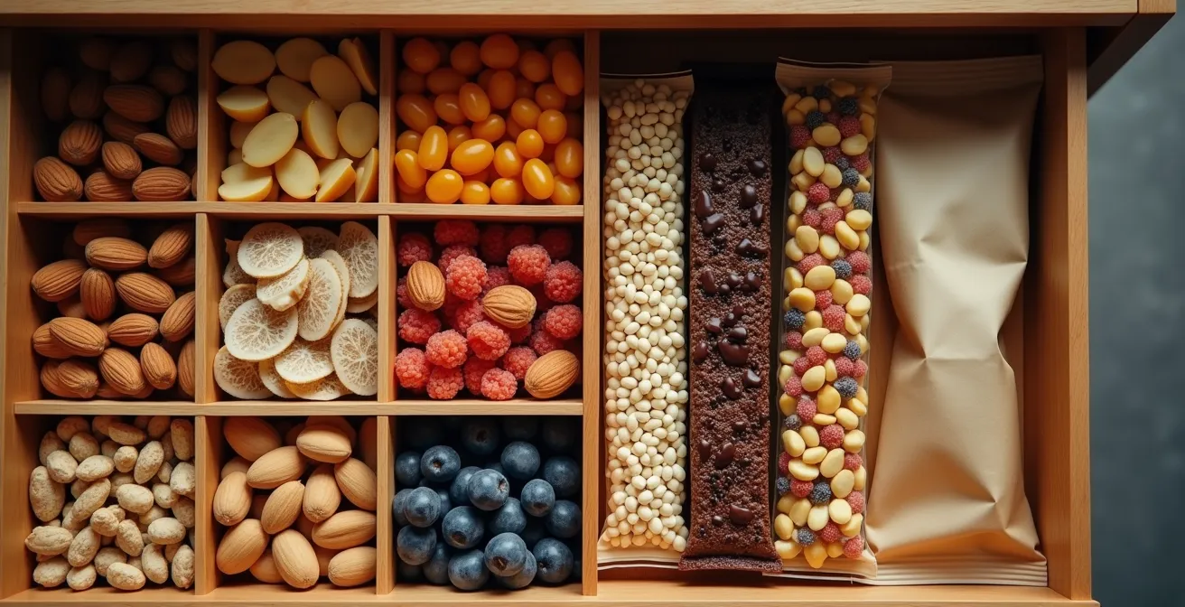 Overhead view of an organized desk drawer containing healthy non-perishable foods like nut packs, tuna pouches, and rice cakes.