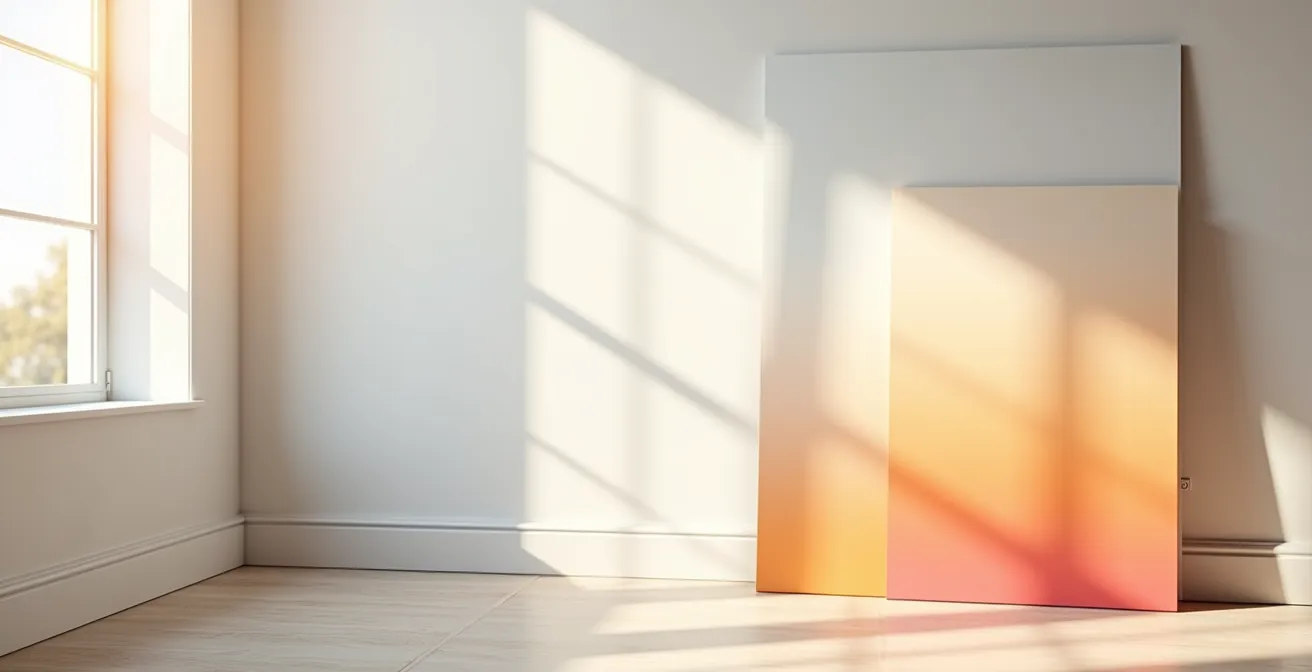 Large paint sample boards displayed against a wall, showing how the colors change in the natural light streaming from a window throughout the day.
