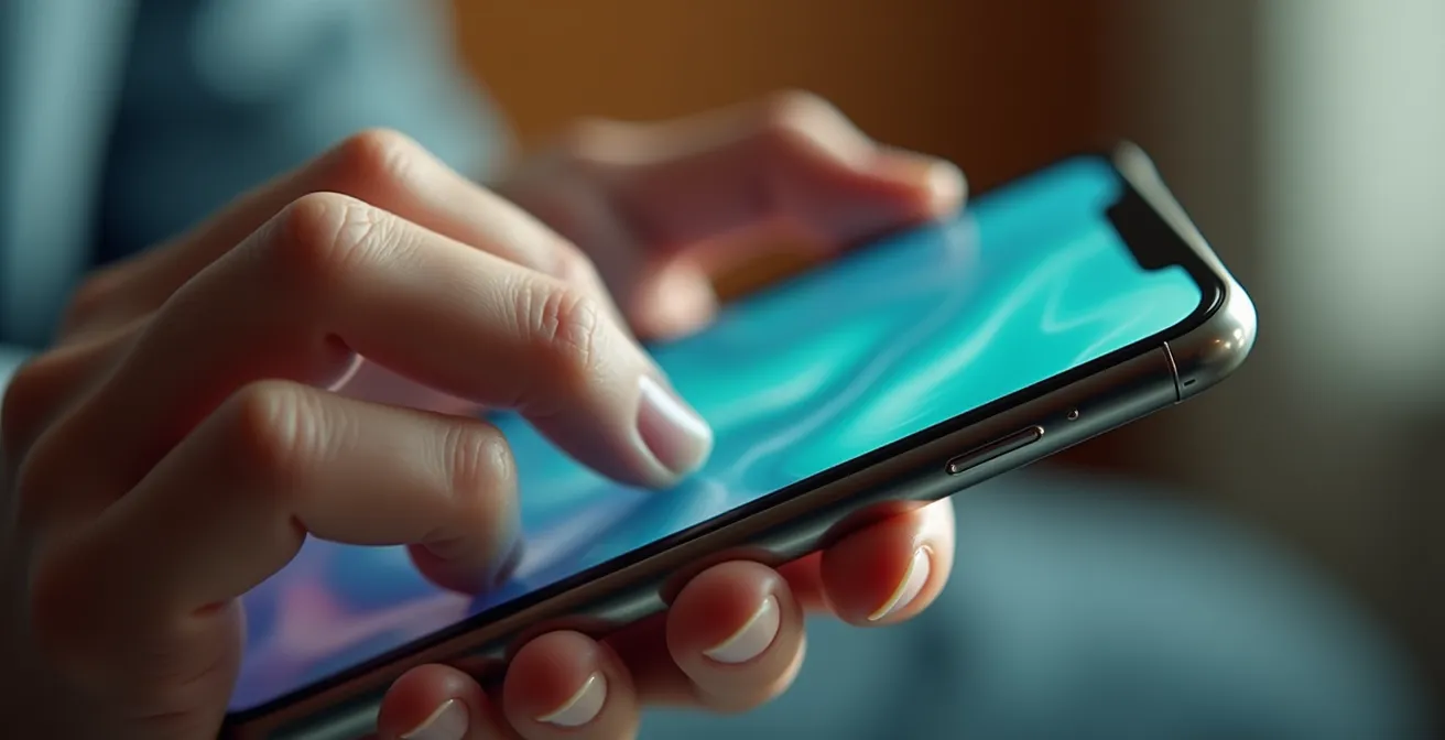 Person calmly reviewing health trend graphs on smartphone in relaxed home setting