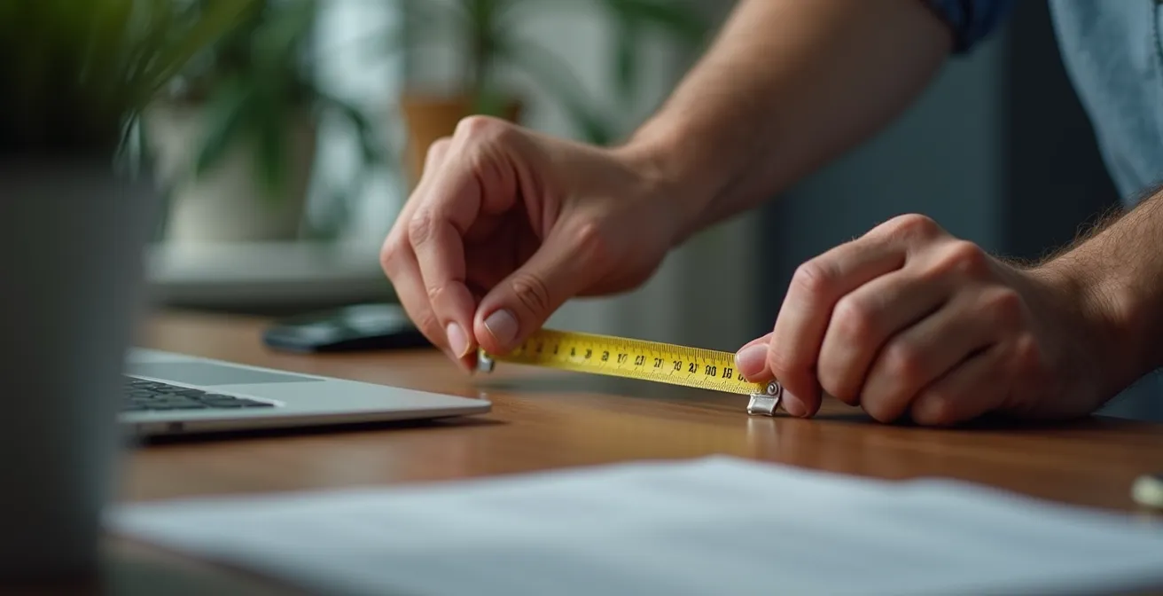 A person using their body measurements to adjust their home office workspace ergonomics for optimal posture.