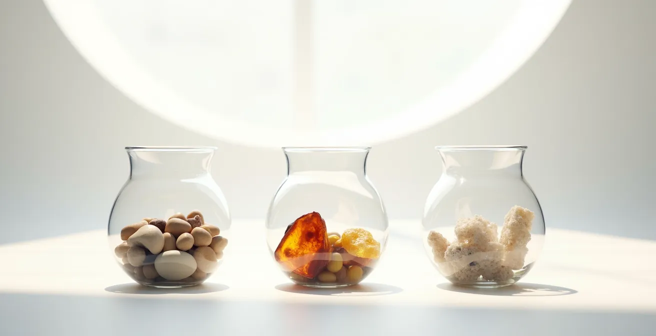 Visual representation of portfolio evolution from conservative smooth stones, to mixed moderate assets, to aggressive raw gemstones.