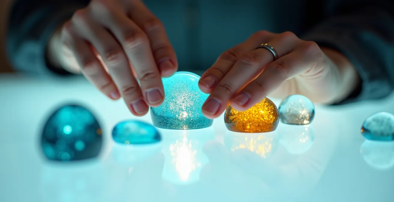 A close-up of hands arranging diverse glass pieces on a light table, symbolizing the assembly of a varied professional skill portfolio.