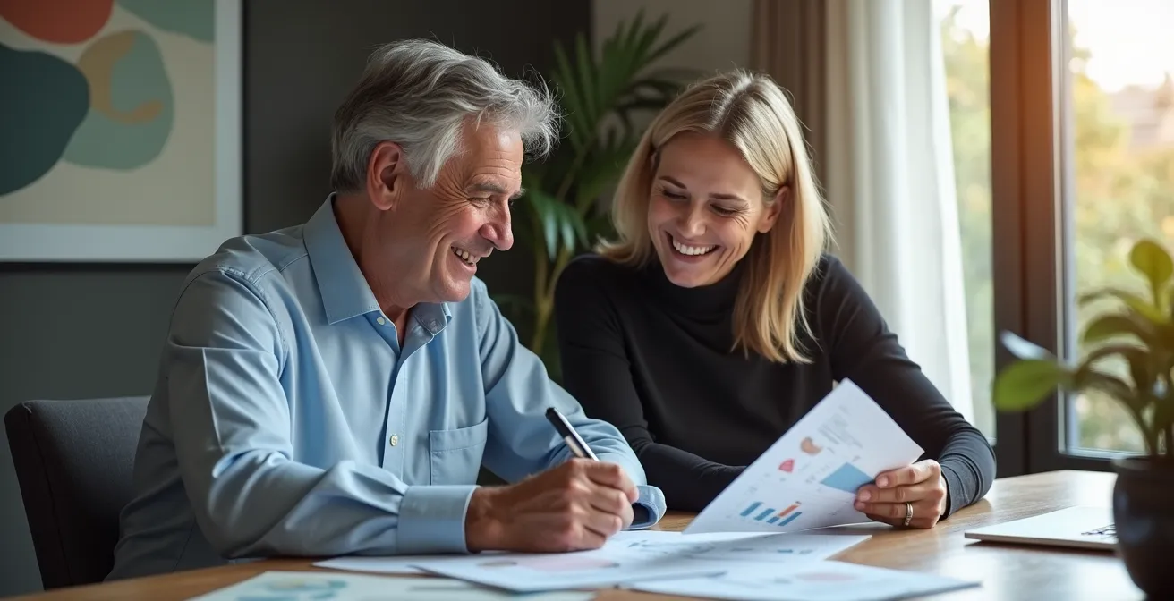 Professional couple in their 50s reviewing retirement portfolio growth charts in modern home office