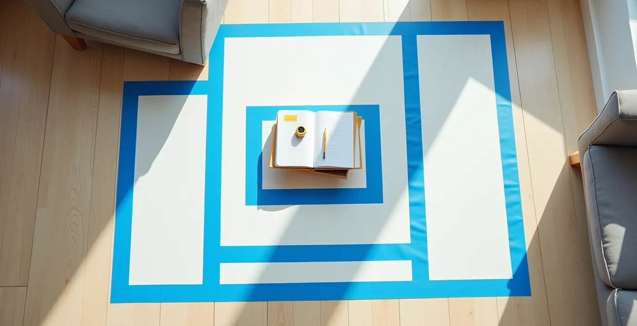 Overhead view of living room with painter's tape outlining furniture placement and traffic flow patterns