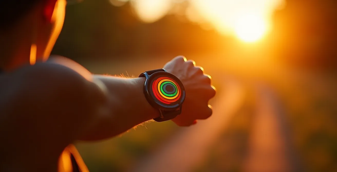 Athletic person checking smartwatch during outdoor run in a natural setting