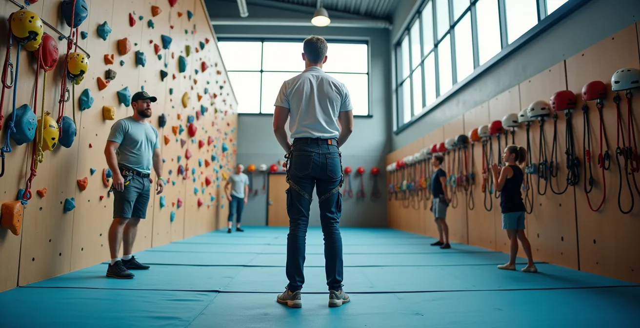 Professional extreme sports instructor demonstrating safety procedures in controlled environment