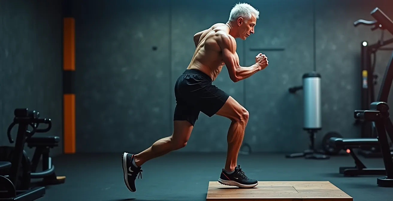 Senior performing explosive step-up exercise demonstrating power training
