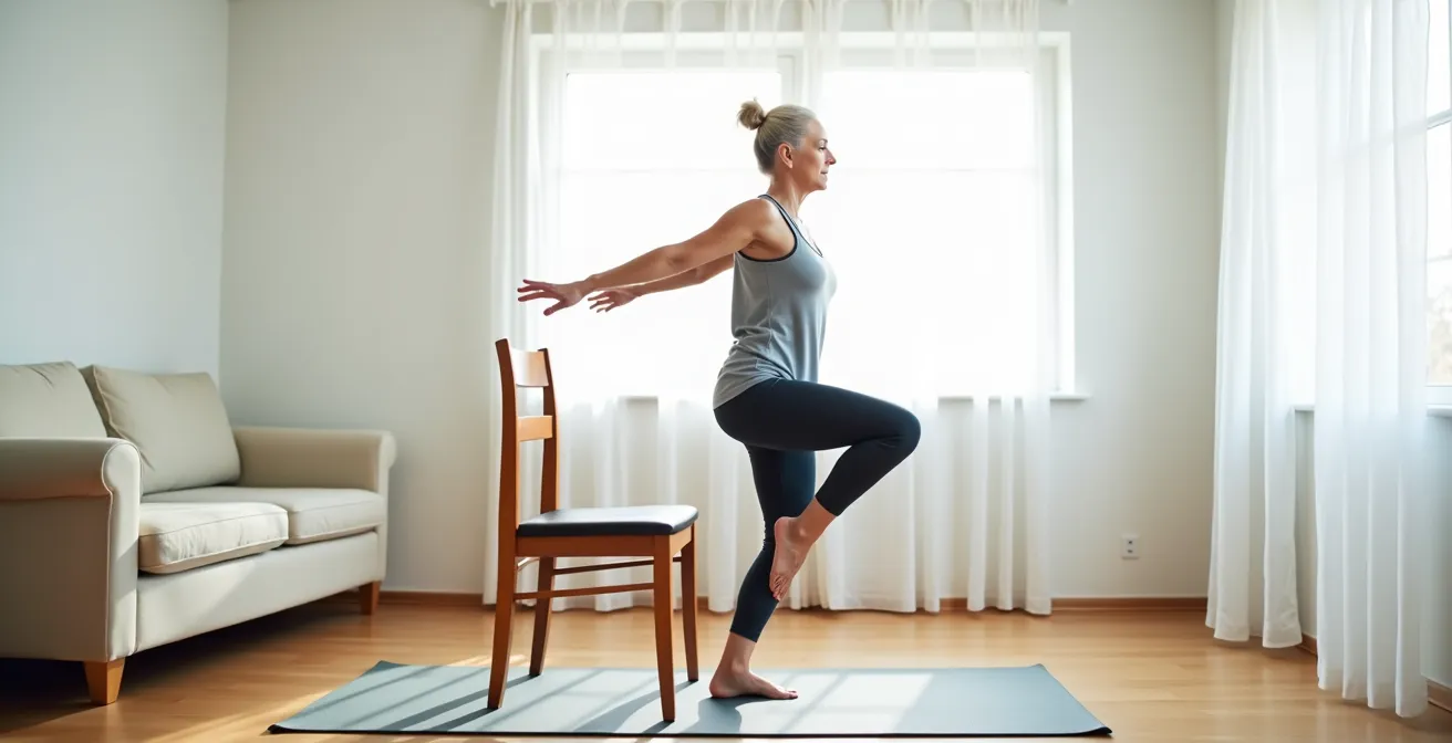 Senior adult demonstrating proper chair stand exercise technique in home setting